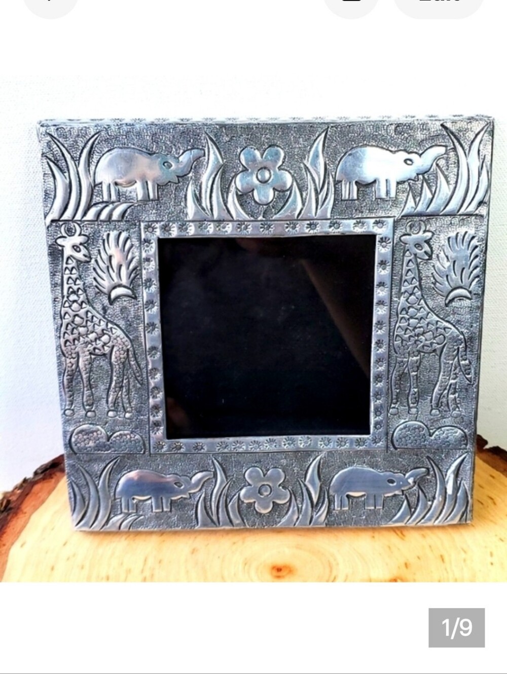 Silvertone Elephant and Giraffes  Picture Frame 7x7 inches Etched Metal